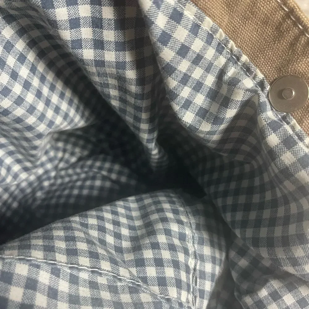 Cotton gray tote/shoulder bag with white & blue plaid lining